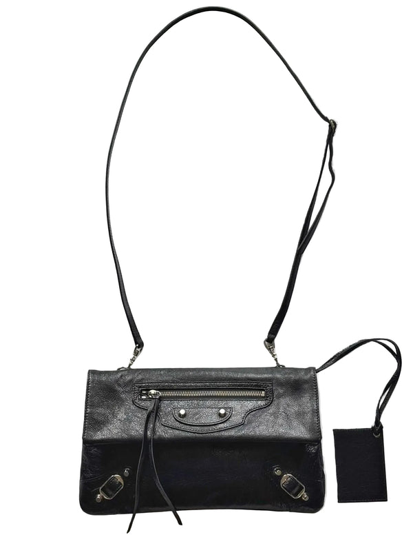 Balenciaga Black Lambskin Leather Giant 12 Silver Envelope Clutch Crossbody Bag W/ Strap (Like new) V4WHKY7