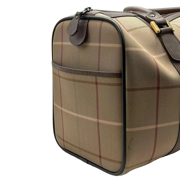 Burberry Check Boston Bag Travel Khaki Brown Canvas Leather (Pre-owned)
