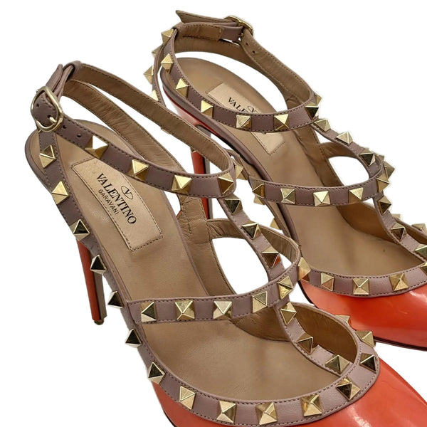 Valentino Garavani Calfskin Nappa Rockstud Ankle Strap 100mm Pumps 38 Orange Poudre (Pre-owned)