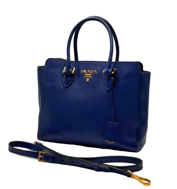 Prada Blue Saffiano Lux Leather Magentic Closure Tote (Pre-owned) MMVQ39B