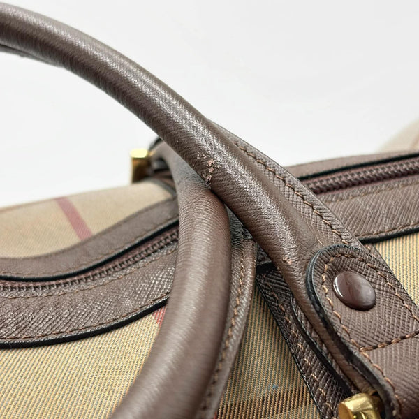 Burberry Check Boston Bag Travel Khaki Brown Canvas Leather (Pre-owned)