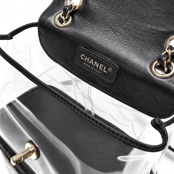 Chanel Black Quilted Crumpled Leather & Transparent PVC Vanity Flap Backpack Bag