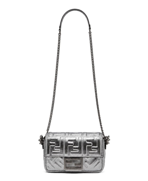 Fendi Midi Baguette Chain Bag Zucca Embossed Leather Silver (Pre-owned) C4DTW7W