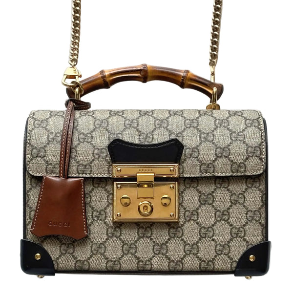 Gucci GG Supreme Monogram Small Padlock Bamboo Shoulder Bag Beige Black Cuir (Like new) R24VDBT