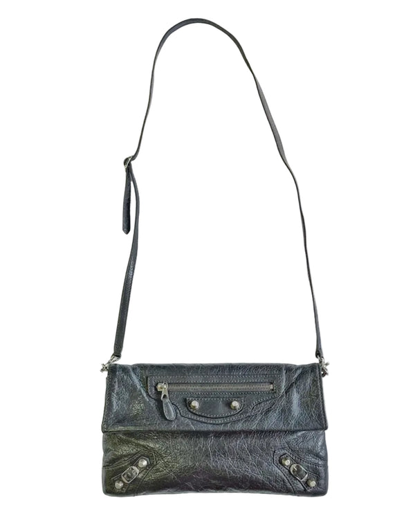 Balenciaga Gris Fossile Lambskin Leather Giant 12 Silver Envelope Clutch Crossbody W/ Strap Bag (Like new) BXHY7T9