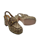 Load image into Gallery viewer, Gucci Monogram  Scamosciato Horsebit Platform Slingback Mules Beige Ebony New Acero (Fitted)
