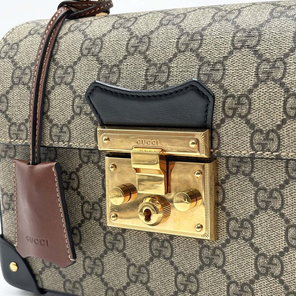 Gucci GG Supreme Monogram Small Padlock Bamboo Shoulder Bag Beige Black Cuir (Like new) R24VDBT