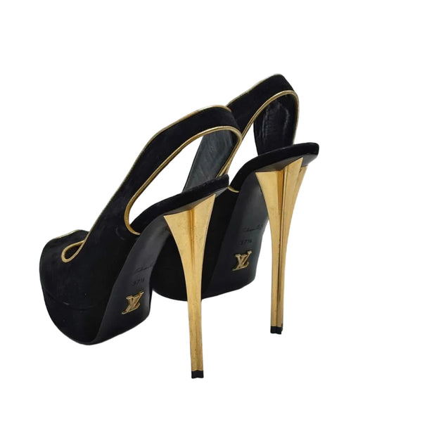 Louis Vuitton Slingback Heels in Black Suede With Gold Leather Trim And Metallic Gold Heel