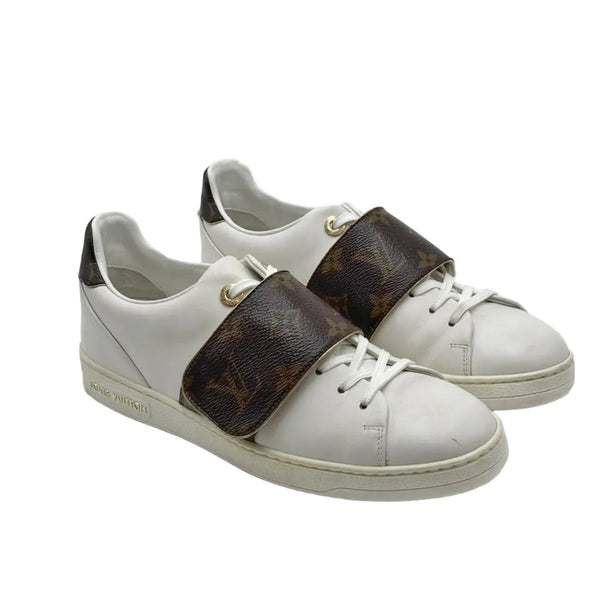 Louis Vuitton White/Brown Leather and Monogram Canvas Logo Strap Frontrow Sneakers (Pre-owned)