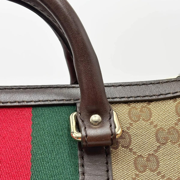 Gucci Beige/Ebony GG Canvas Vintage Web Medium Boston Bag W/ Shoulder Strap (Like new) KMH9DJ8