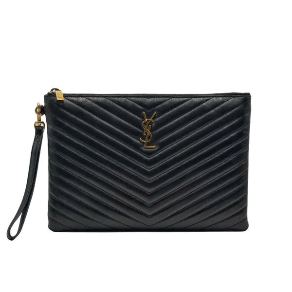 Saint Laurent Black Matelasse Quilted Leather Monogram New Jolie Pouch Wristlet (Like new) BQM6DK9