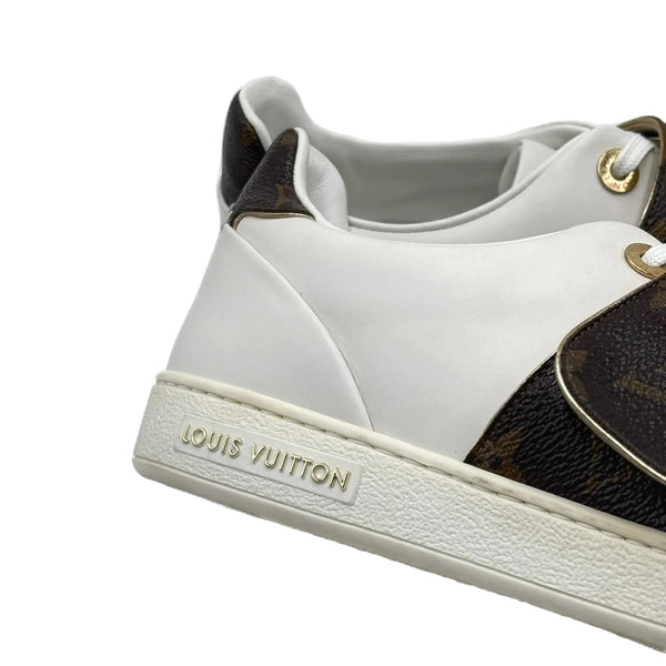 Louis Vuitton White/Brown Leather and Monogram Canvas Logo Strap Frontrow Sneakers (Pre-owned)