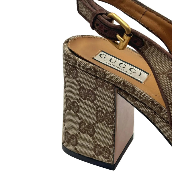 Gucci Monogram  Scamosciato Horsebit Platform Slingback Mules Beige Ebony New Acero (Fitted)