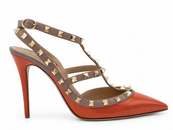 Valentino Garavani Calfskin Nappa Rockstud Ankle Strap 100mm Pumps 38 Orange Poudre (Pre-owned)