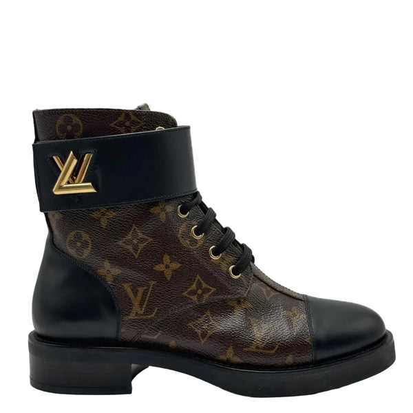 Louis Vuitton Calfskin Monogram Wonderland Flat Ranger Boots 38 Black