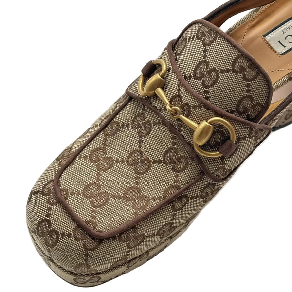 Gucci Monogram  Scamosciato Horsebit Platform Slingback Mules Beige Ebony New Acero (Fitted)