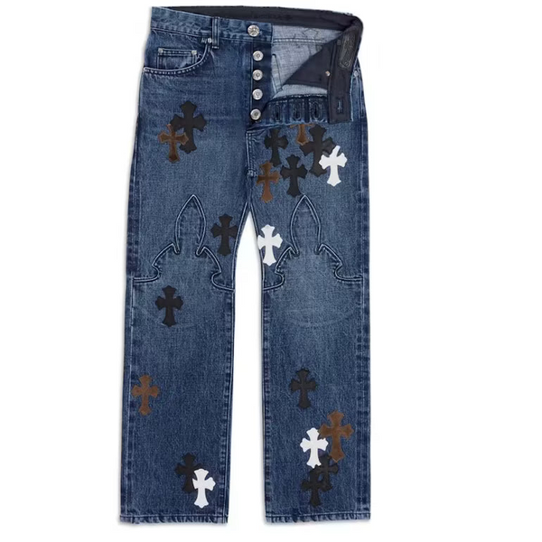 Chrome Hearts Fleur Knee Cross Patch Jeans Blue