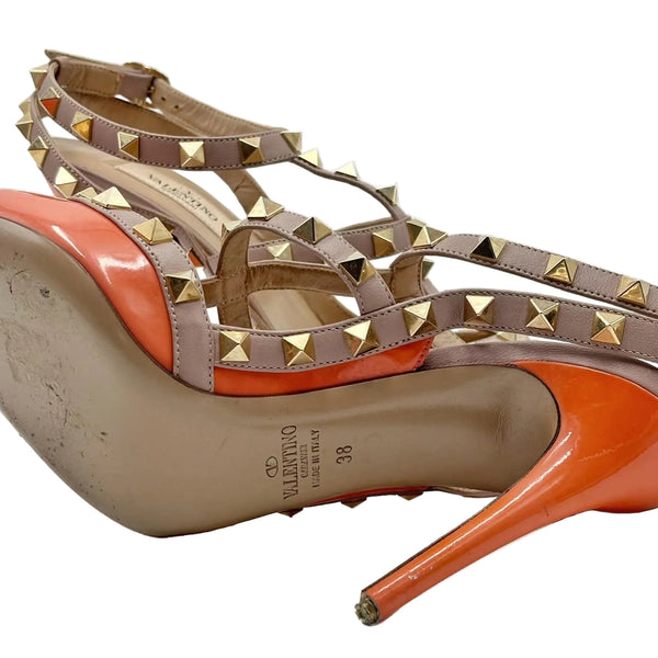 Valentino Garavani Calfskin Nappa Rockstud Ankle Strap 100mm Pumps 38 Orange Poudre (Pre-owned)