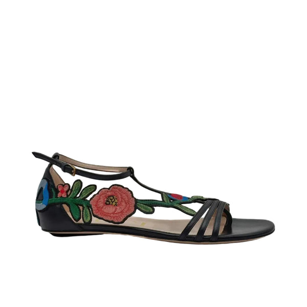 Gucci Black Leather Ophelia Floral-Embroidered Flat Sandals (Pre-owned)