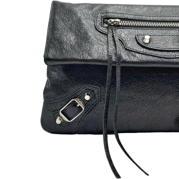 Balenciaga Black Lambskin Leather Giant 12 Silver Envelope Clutch Crossbody Bag W/ Strap (Like new) V4WHKY7