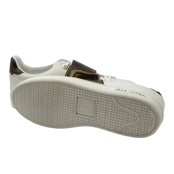 Louis Vuitton White/Brown Leather and Monogram Canvas Logo Strap Frontrow Sneakers (Pre-owned)