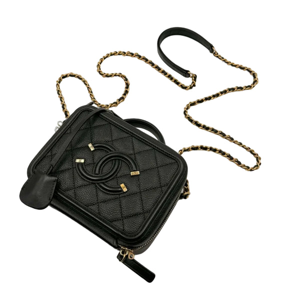 Chanel Filigree Vanity Case Quilted Caviar Gold-tone Small Black (Like new) RB37TXQ