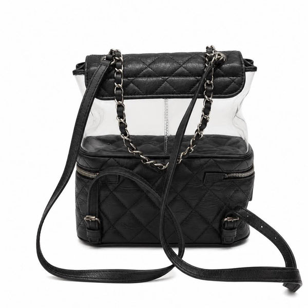 Chanel Black Quilted Crumpled Leather & Transparent PVC Vanity Flap Backpack Bag