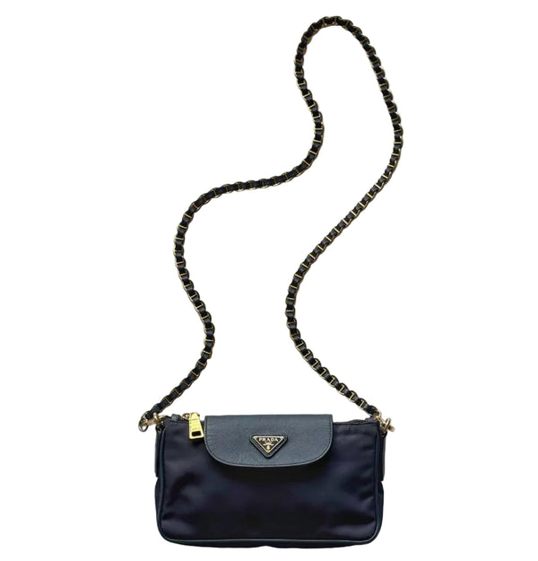 Prada Tessuto Nylon Clutch with Saffiano Trim and Chain Strap (Pre-owned) XHJTVC8