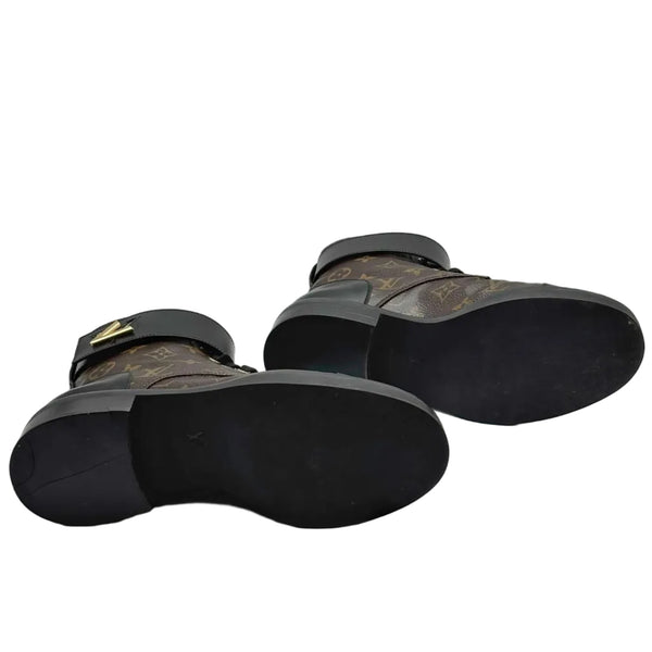 Louis Vuitton Calfskin Monogram Wonderland Flat Ranger Boots 38 Black