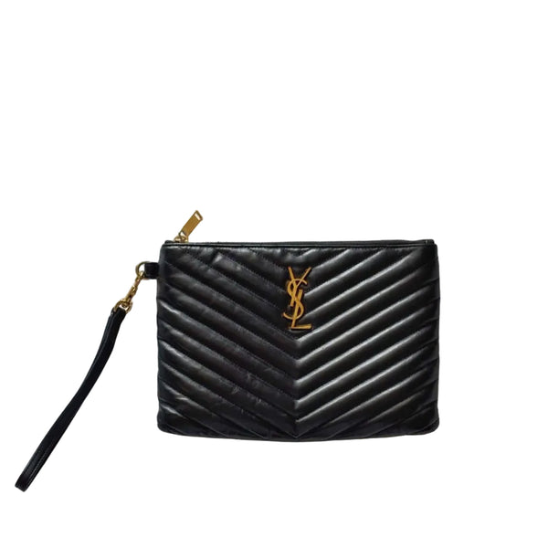 Saint Laurent Black Matelasse Quilted Leather Monogram Pouch Wristlet (Pre-owned) GHJ4MYX