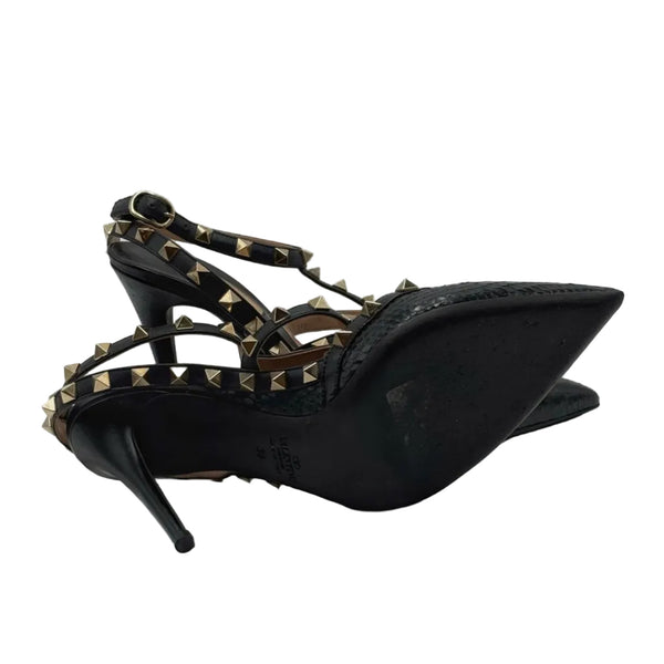 Valentino Garavani Pebbled Calfskin Rockstud Ankle Strap 100mm Pumps Black (Pre-owned)
