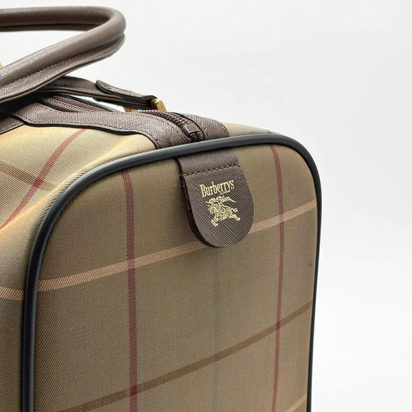 Burberry Check Boston Bag Travel Khaki Brown Canvas Leather (Pre-owned)