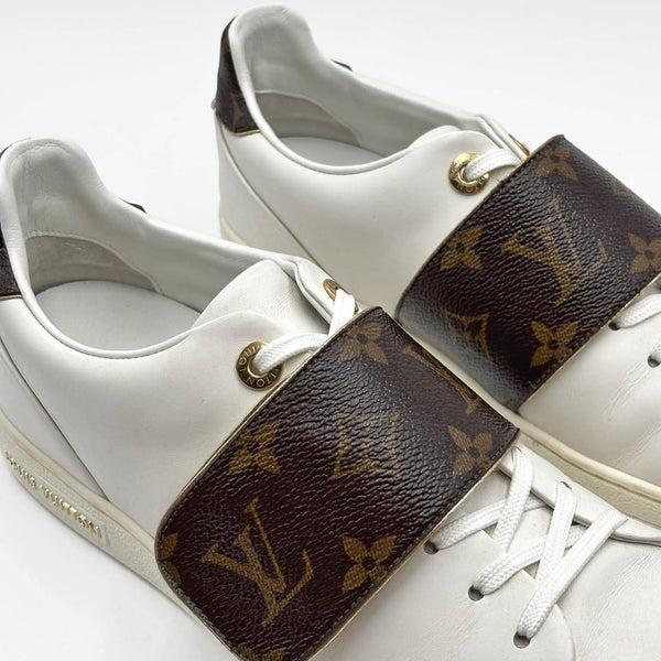 Louis Vuitton White/Brown Leather and Monogram Canvas Logo Strap Frontrow Sneakers (Pre-owned)