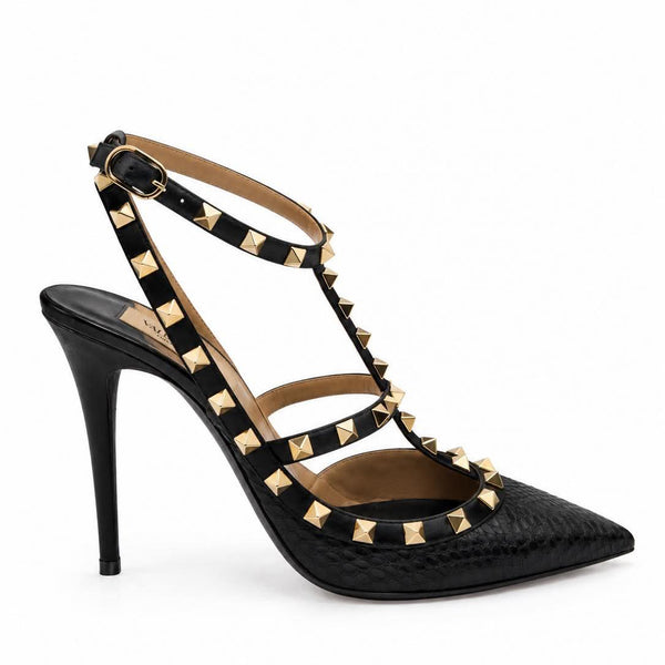 Valentino Garavani Pebbled Calfskin Rockstud Ankle Strap 100mm Pumps Black (Pre-owned)