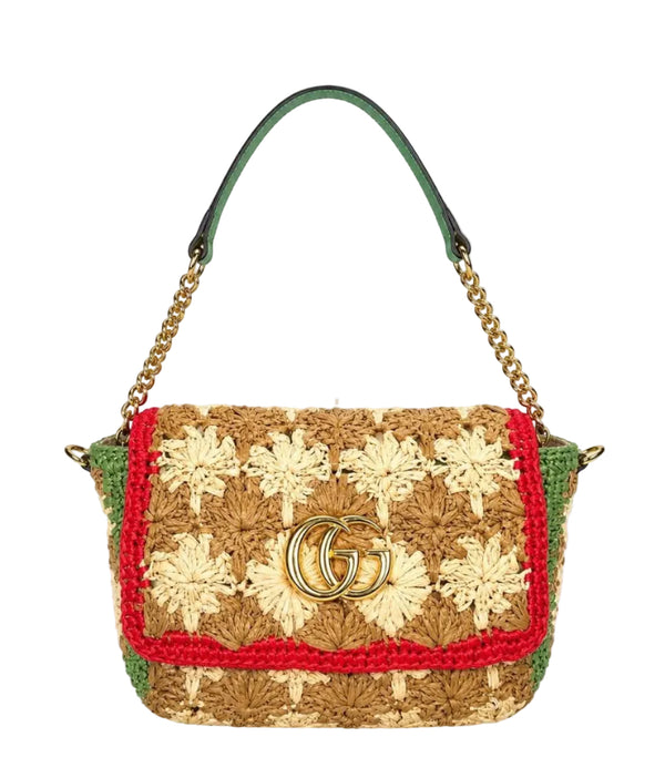 Gucci Beige/Red/Green Woven Floral Raffia GG Marmont Small Shoulder Bag (Pre-owned)