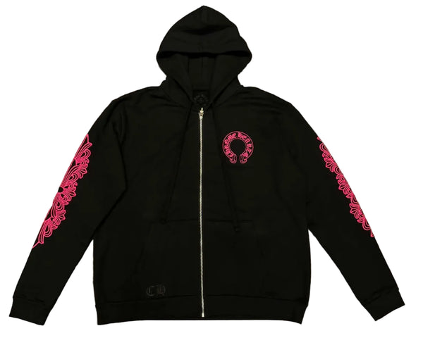 Chrome Hearts Horseshoe Floral Cross Sleeve Zip Up Hoodie Black Pink
