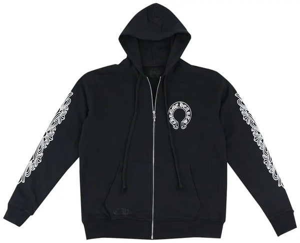 Chrome Hearts Horseshoe Floral Cross Sleeve Zip Up Hoodie Black/White