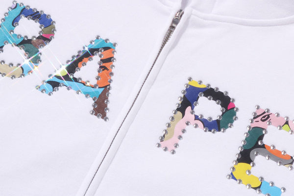 Bape Multi Camo Crystal Logo Wide Zip Hoodie White