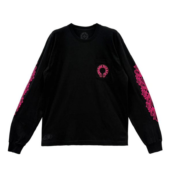 Chrome Hearts  Classic Pink Horseshoe Logo Black Long Sleeve T-shirt