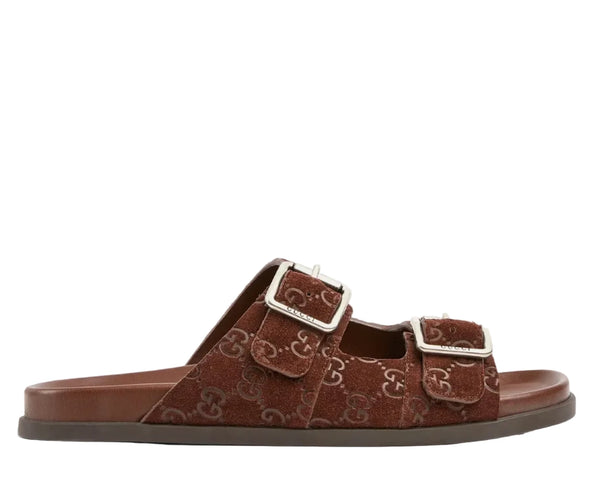 Gucci - Slide Buckle GG Suede Brown Sandals