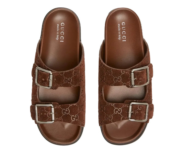 Gucci - Slide Buckle GG Suede Brown Sandals