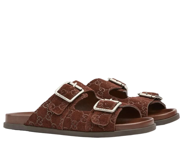 Gucci - Slide Buckle GG Suede Brown Sandals