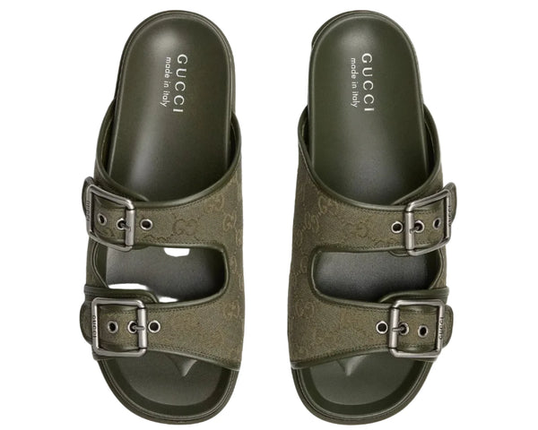 Gucci - Slide Buckle GG Canvas Dark Green Sandals