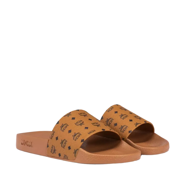 MCM Monogram Print Rubber Slides Cognac