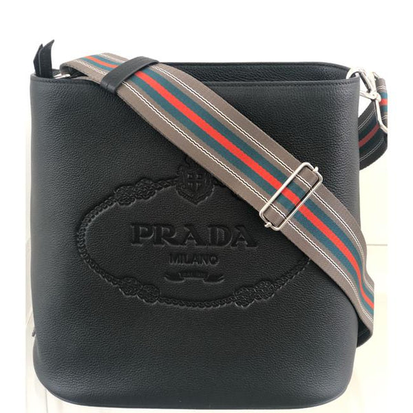 Prada Vitello Secchiello Embossed Logo Black Leather Cross Body Bag
